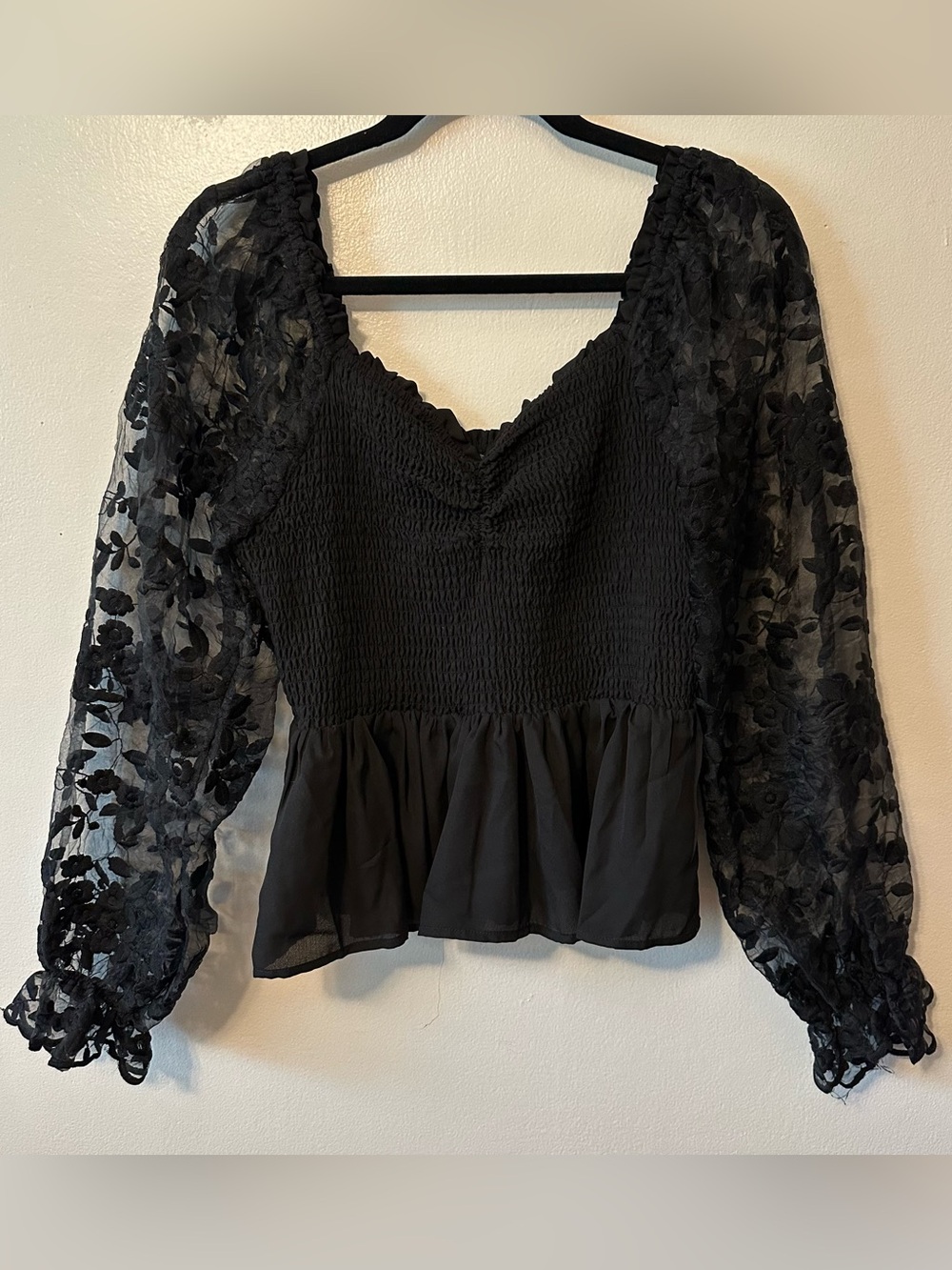ARULA Floral Lace Sleeve Ruched Black Blouse A 14/16 XL